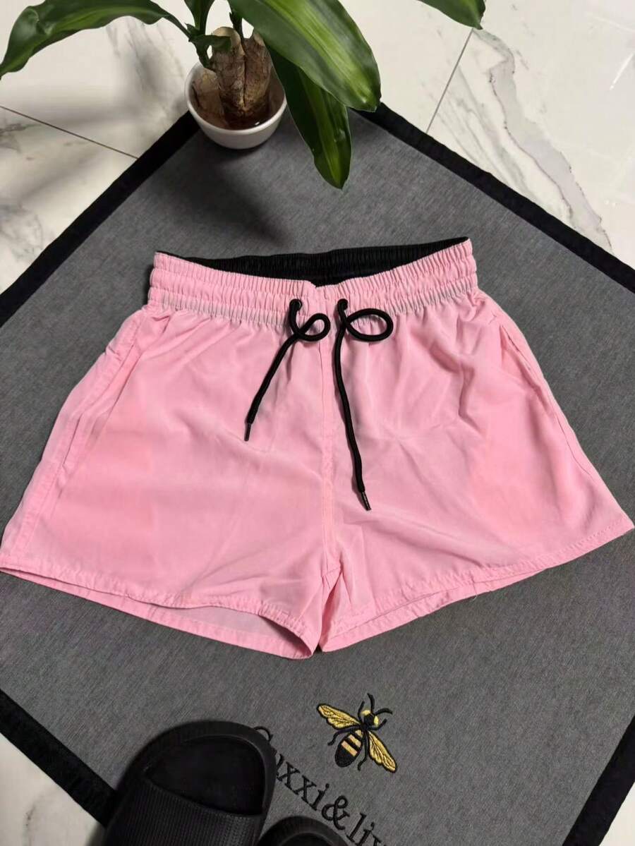 Women's Tactel Shorts With Elastane For Beach, Pool, Training And Gym, Simple Casual, Drawstring, Pocket - Baby Pink - View 1