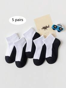 5 Pairs Kids Solid Color Mesh Breathable Cotton Socks, Boys Girls School Socks Patchwork Design - Black and White - View 2