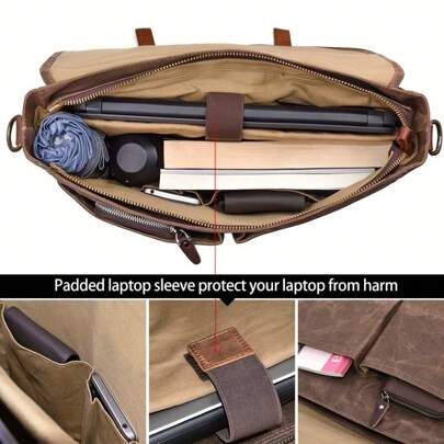 Local Warehouse-   Computer Laptop Bag Rugged Satchel Shoulder Bag, Brown Mens Messenger Bag 15.6 Inch Vintage Waxed Canvas Briefcase Large Genuine Le