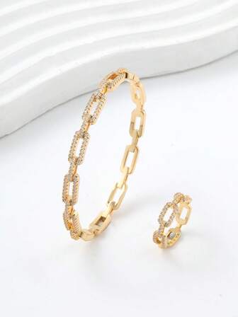 1 set de brazalete y anillo con baño de oro de 14 quilates, estilo de moda europeo y americano para mujeres