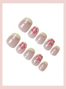 24pcs Short Classic French Yellow Border Red Flower Design Fresh, Beautiful, Sweet And Cute Oval Nail, Beautiful And Elegant, French Tip Nails, Daily Simplicity, Press The Short Nails,Uitable For Women's Spring,Summer Nail Decoration+1 Piece Of Jelly Glue+1 Rubbing Strip