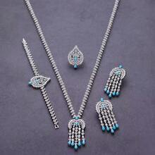 Conjunto de joyería de 5 piezas de turquesa de alta gama para mujeres, que incluye collar, pulsera, anillo y pendientes con flecos de turquesa, adecuado para fiestas y vestidos de noche, realizado en cobre chapado con circonita AAA, piedras de turquesa natural de calidad premium, para el verano