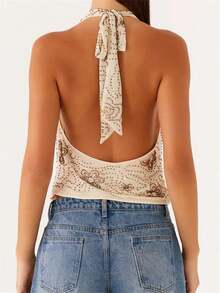 Women Tank Tops Beaded Flower Cowl Neck Halter Neck Casual Vests Summer Backless Sleeveless Tops Streetwear - 咖啡棕 - 查看 5