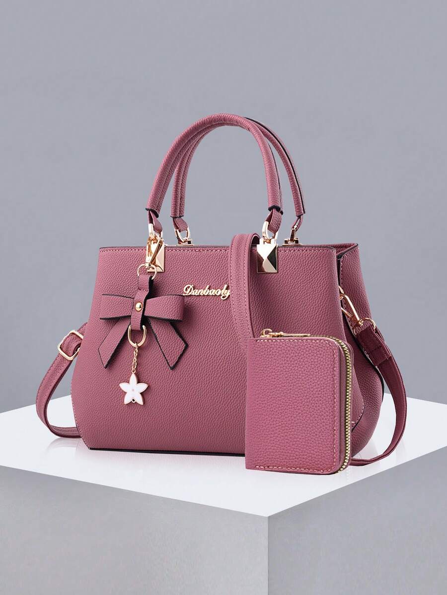女款純色手提包與卡夾套裝 2件/組,PU材質蝴蝶結吊飾設計,適合日常休閒購物商務通勤上學,輕量化白領上班族大學生辦公組合 - 粉色 - 查看 1