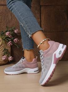 1 Paar rosa luftgepolsterte, atmungsaktive Damen Sportschuhe, rutschfeste flache Low-Tops, zweifarbige Laufsohle, hochwertige Mesh-Strick-Oberfläche, geeignet für den ganzen Tag, Laufen, Wandern, Fitness, Lässig