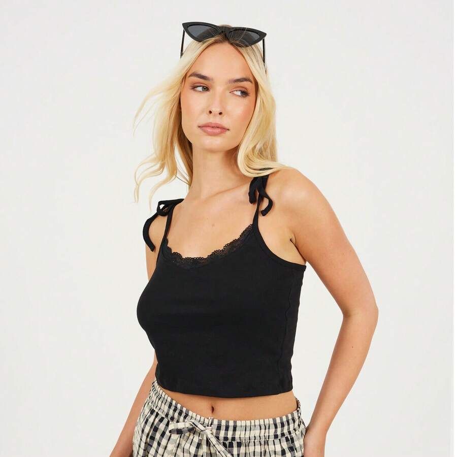 brave soul Tie Strap Vest With Lace Deail - Black - View 1