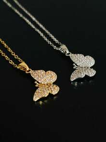 Colar Feminino Aço Inox Prata e Dourado com Borboleta Delicadamente Cravejada - Dourado - Visão 1
