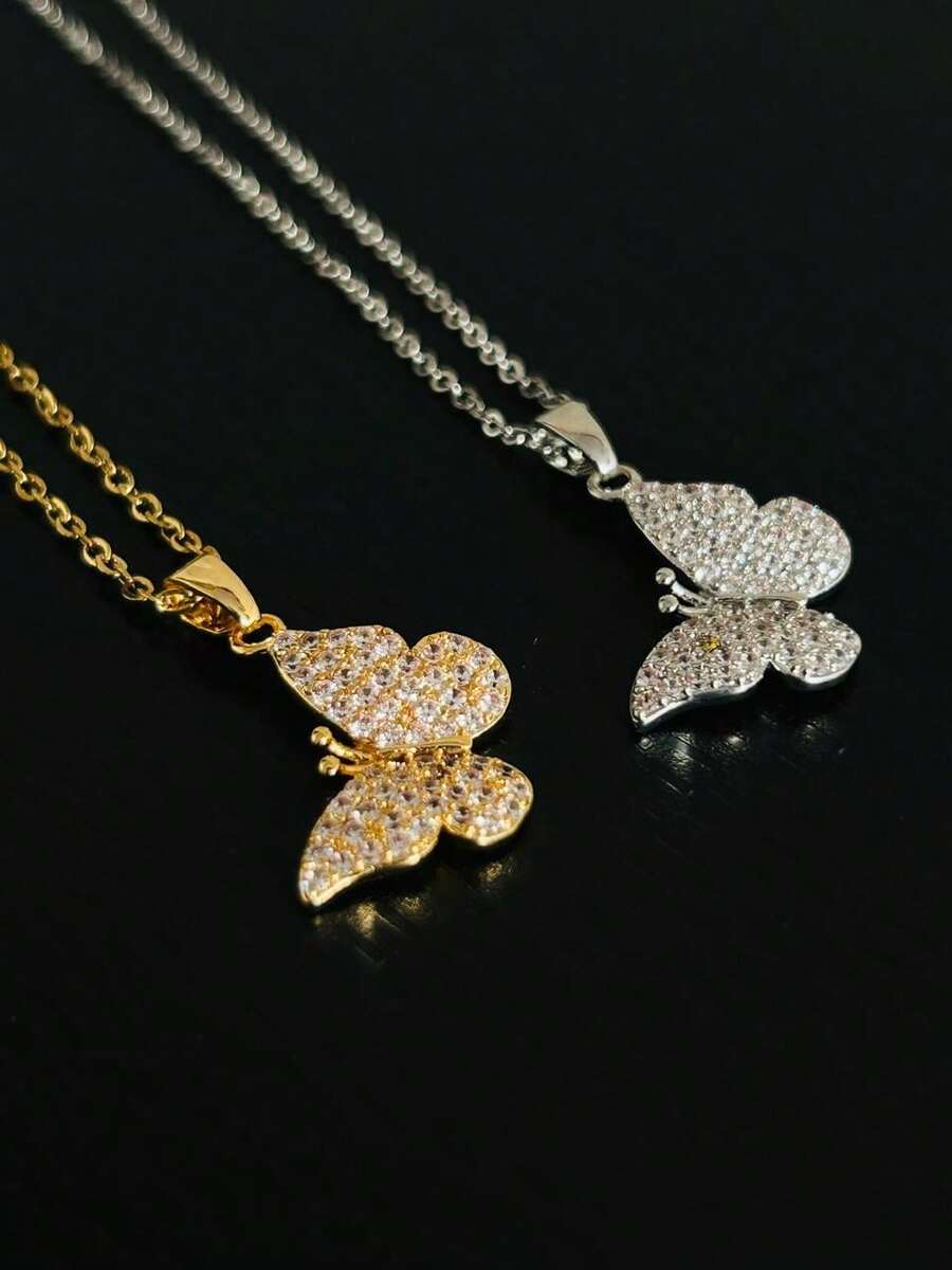 Colar Feminino Aço Inox Prata e Dourado com Borboleta Delicadamente Cravejada - Dourado - Visão 1