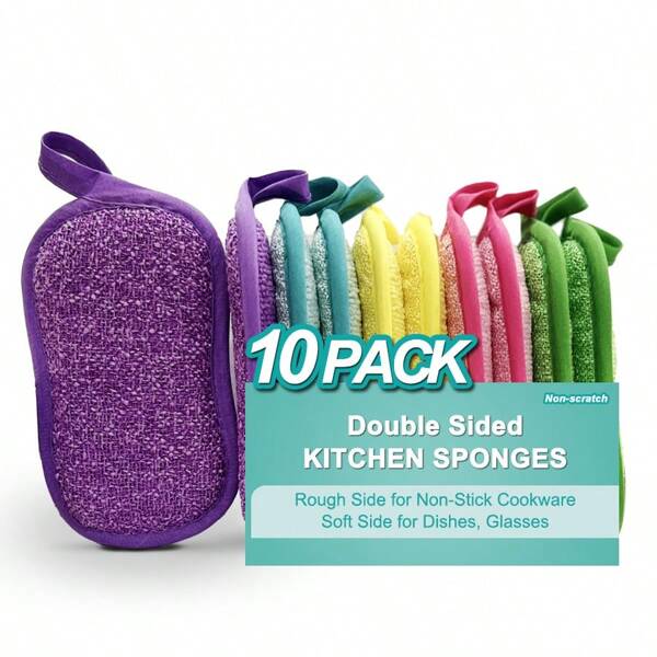 10pcs/Set Random Color Double-Sided Sponge Scrubbers, Water Absorbent Degreasing Dish Washing Scrub Pads For Kitchen & Home Use