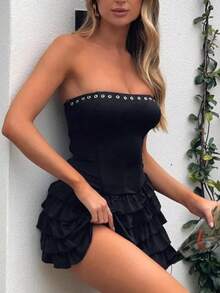 Women Y2K Strapless Short Dress Backless Tube Ruched Ruffle Mini Dress Floral Flowy Sleeveless Bodycon Sundress - Negro - Ver 2