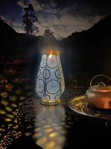 1pc Solar Power Iron Hollow Lantern Lamp, Decorative Garden Path Light, Simple Countryside Landscape Lighting With Hollow Floral Pattern, Auto On/Off, No Electricity Required