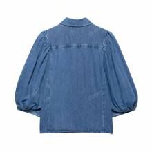 ZEVITY Plain Color Pleated Sleeve Single-Breasted Casual Denim Top
