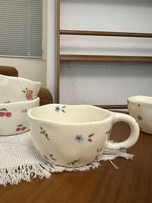 1pc Ins Style Hand-Painted Floral Ceramic Cup, Irregularly Shaped Manual Pinched Coffee Mug - Multicolor - View 4