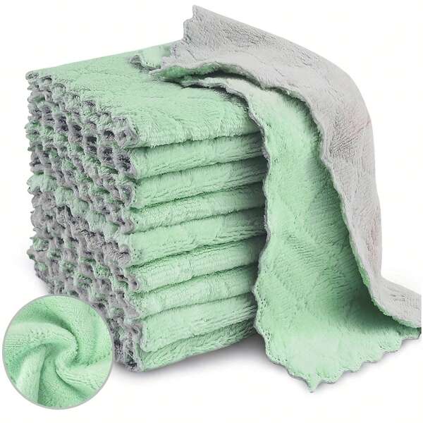 5 pièces/10 pièces Chiffons de vaisselle en microfibre, serviettes de vaisselle à double face en velours de corail épaissies, serviettes absorbantes douces, puissant retrait des taches, tampons à récurer, réutilisables, lavables en machine pour la cuisine, la salle de bain, la voiture, les fenêtres, fournitures de cuisine, fournitures de nettoyage