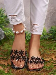 Sandalias de verano transparentes con estampado floral y adornos de cristal para mujeres, sandalias planas para la playa aptas para vestidos, modelo 2025 - Negro - Ver 3