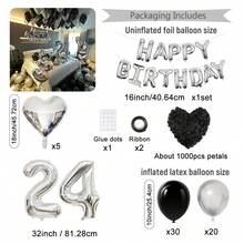 1061pcs Black & Silver Birthday Party Decoration Balloons, 1000pcs Fake Flower Petals, Chrome Silver Latex Balloons, Happy Birthday Banners, Suitable For (16th, 18th, 19th, 20th, 21st, 22nd, 23rd, 24th, 25th, 30th) Men & Women Birthday Decorations, Birthday Party, Anniversary, Room Decor, Valentine's Day, Birthday Celebration