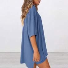 Women's Summer Two-Piece Set 2025  Casual Oversized Shirts Biker Shorts Matching Airport Travel Outfit Split Hem Lounge#Springtok - Blue - View 3