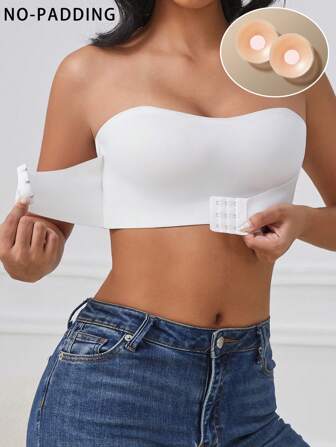 1 件女士纯色前扣无肩带软杯抹胸上衣，配有可拆卸乳贴，需要乳贴才能作为胸罩穿着