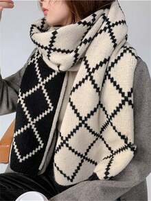 1 件双面菱形格纹围巾，多功能针织仿羊绒男女通用围脖，适合冬季 - 黑白菱形格 - 查看 4