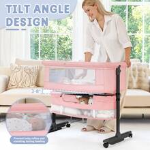 3-In-1 Baby Crib,Bedside Bassinet, Baby Bed With Storage Basket,Easy To Fold,6 Adjustable Height Portable Crib For Infant/Newborn,Baby Need,Baby Stuff - Pink - View 6