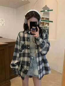 Plus Size Women Plaid Collared Button Down Shirt, Casual Loose Fit College Style, Versatile For Daily Wear And Commuting, Spring & Autumn