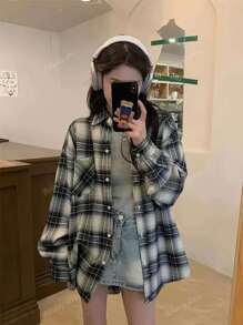 Plus Size Women Plaid Collared Button Down Shirt, Casual Loose Fit College Style, Versatile For Daily Wear And Commuting, Spring & Autumn