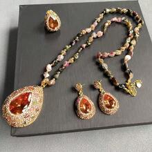 复古宝石女士首饰套装：土耳其苏丹石变色绿柱石天然原石串珠吊坠项链、耳环、开口戒指、毛衣链装饰，适合派对礼服