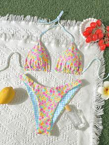 女士印花比基尼泳衣沙滩套装，黄色格子图案，夏季度假套装