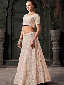 Designer Bridal Chikoo Cream Lehenga Choli With Zarkan Mirror Work - Chickoo Cream - View 4
