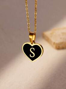 Stainless Steel Initial Letter Black Heart Necklaces Women Gothic Name Pendant Charm Necklace Wedding Jewelry Anniversary Gifts - Yellow Gold - View 2