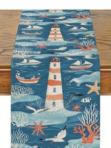 1pc Ocean Theme Turtle, Shell, Coral, Lighthouse Printed Table Runner, Kitchen Dining Room Decor, Holiday Decorative Table Runner, Home Party Decor, Home Decor, Scenic Decor, Outdoor Dining Table, Coffee Table Decorative Flag