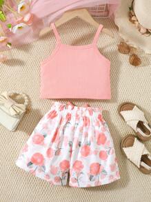 Conjunto de top con aplicación de botones y shorts con estampado floral para niñas, apropiado para uso diario y para exteriores de niñas de 4 a 7 años, para verano