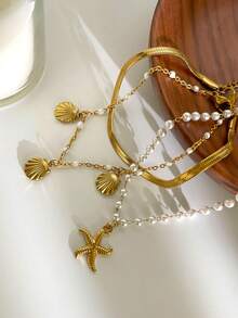 Monlansher 新款女士不锈钢链条手链，多款式扁平蛇形链条，海洋主题吊坠装饰，串珠时尚日常佩戴叠戴手链 - 金色 - 查看 7