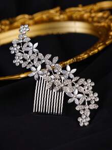 1 pieza Peineta con incrustaciones de rhinestones de alta gama para mujer, tocado de novia, multicolor, de alta densidad y no deformable - Plateado - Ver 1