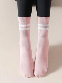 4 Pairs Women's Silicone Anti-Slip Striped Yoga Fitness Sports Crew Socks, Black, White, Pink, Purple, Autumn/Winter - Multicolor - View 3