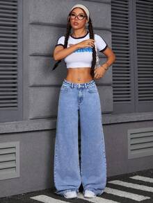 Pantalones Vaqueros de Pierna Ancha para Mujer, Cintura Alta Recta y Suelta, Tejido Elástico Azul Lavado, Elegantes y Casuales, Todo el Año, Estilo Retro de Pierna Ancha, Primavera y Verano - Botones Giratorios, Ajuste Holgado, Azul Claro - azul real - Ver 2