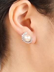 1 Pair Luxury Cubic Zirconia & Faux Pearl Stud Earrings For Women For Wedding Engagement Anniversary Party Jewelry Valentine's Day Gift - 1# - View 5