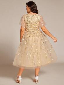 EVERPRETTY Elegant V-Neck Floral Sequin Short Sleeve Gold Formal Dress, Suitable For Wedding Guests, Parties, Galas And Other Formal Occasions - Gold - View 2