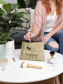 Bolsa feminina multifuncional com pequena bolsa de cosméticos, estampa fofa com abelhas e corações, bolsa grande e bolsa pequena, bolsa de linho, bolsa de armazenamento, sacola de compras com design de letras em estilo festivo, adequada para casamentos, aniversários, praias e feriados, bolsa de linho, bolsa de presente para o dia do professor, bolsa de armazenamento portátil leve e dobrável, bolsa simples, enfermeira, médica, bolsa de armazenamento de agradecimento ao professor, adequada para presente de mãe, cosméticos de viagem pessoal, sacola de compras