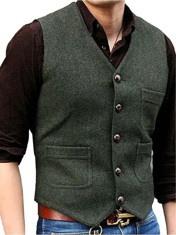 Chaleco de traje de tweed de lana de espiga para hombre, de 1 pieza, con solapa con muescas, cuello en V, botonadura sencilla, de tweed de espiga, con forro bonito.