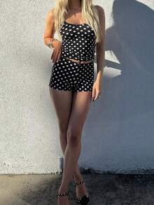 Women Pajamas Set 2 Pieces Loungewear Suits Dot Print/Stripe Sleeveless Cami Tops And Shorts Sleepwear Outfits - 黑色 - 查看 7