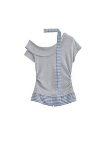 韩版格纹拼接斜肩二合一修身上衣配垂坠腰带 - 灰色 - 查看 3