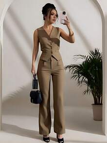 Zalla Women's Short Vest And Tailored Pants Set With Buttons, Formal And Elegant - 棕色 - 查看 5