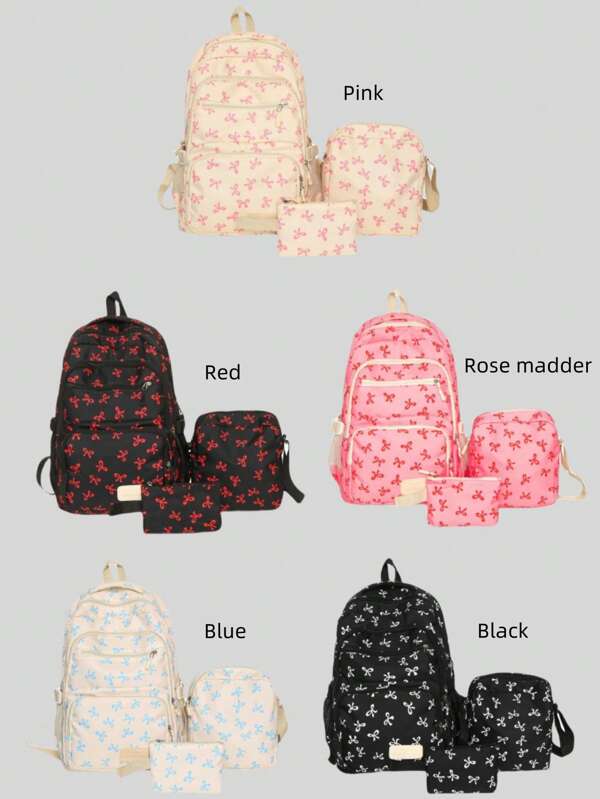 3pcs/Set Nylon Bow Print Multi-Pocket Multi-Layer Foldable Water-Resistant Zipper Backpack, Suitable For Teenagers, High School & College Students, Women, Daily, School, Training, Graduation, Shopping, Travel, Gift, Back To School, School Essential Stuff For Women, Girls & Students, Perfectly Matching With Backpack Accessories, Bag For School College, Preppy Backpack For School, Fashion School Backpack With Pencil Case, Cute Bow Backpack Back To School Essentials