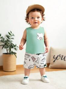 BrownBark 2 piezas Conjunto de chaleco y pantalones cortos con estampado de dinosaurio lindo para bebé/niño pequeño, conjunto informal de verano, perfecto para uso diario y actividades al aire libre