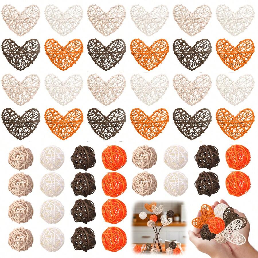 48/96 Pcs Wicker Rattan Balls Heart Ball Shaped Decorative Balls Vase Centerpiece Decoration Potpourri Bowl Filler Orange Beige Brown Table Decor For Wedding Home Bathroom Living Dining Room Table Decor DIY Craft - Multicolor - View 1
