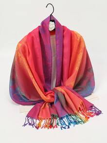1pc Rainbow Floral Jacquard Tasseled Scarf/Shawl - A - View 8