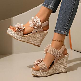 Flower Decor Platform Wedge Sandals For Women, New Summer Fashion Thick Bottom High Heel Slides