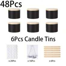 Conjunto de 48 peças para fazer velas, incluindo 6 frascos pretos de vela com tampa de madeira de 4 oz, com adesivos para pavio, 16 pavios, 20 adesivos para segurar os palitos de vela e 6 suportes de pavio para artesanato de velas DIY, artes e ofícios, ótimo para iniciantes e hobbistas, perfeito para presentes de Natal, Halloween, Páscoa, Ação de Graças e Dia dos Namorados!