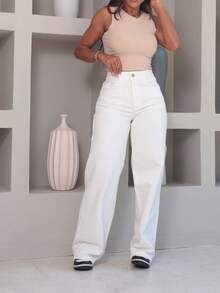 Calça Jeans Feminina Wide Leg Cintura Alta Cós Alto Valoriza Bumbum 36 ao 46 - Bege Claro - Visão 3